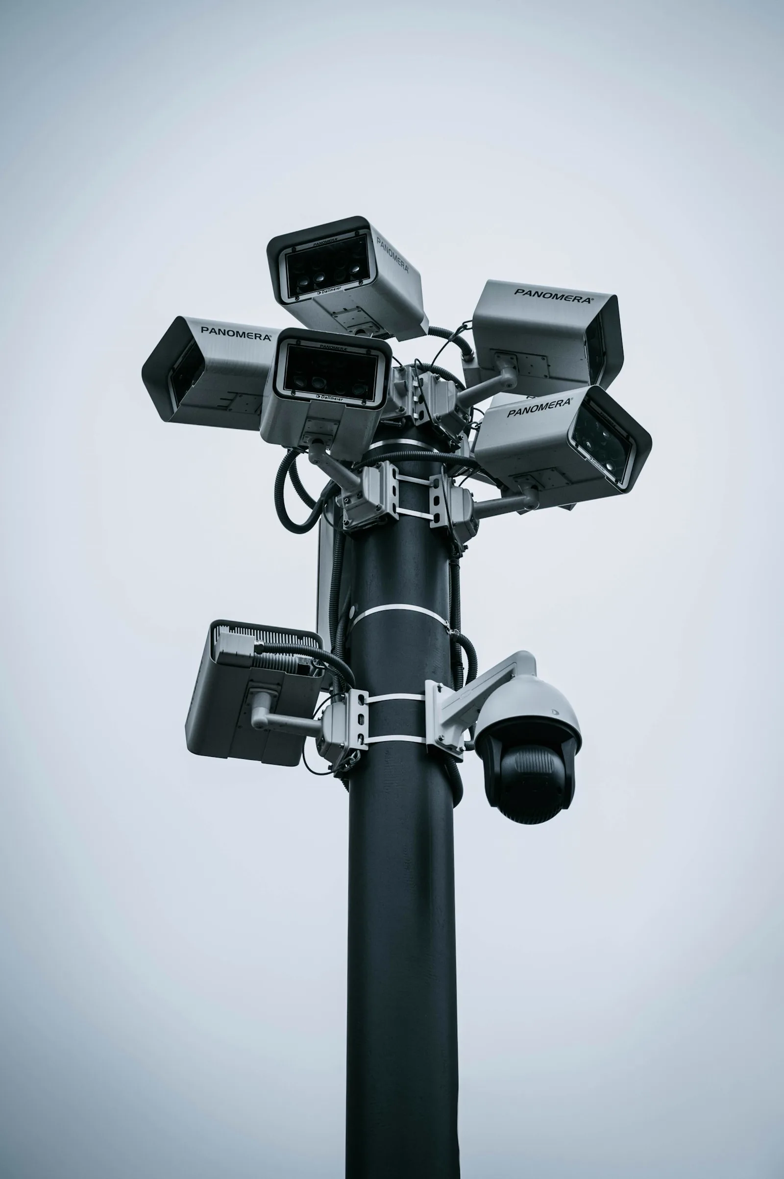 Pole with several surveillance cameras and a PTZ dome